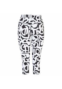 Leggings en blanco y negro con un audaz patrón gráfico de letras, con un ajuste ceñido y una textura suave. Diseño recortado hasta la mitad de la pantorrilla.