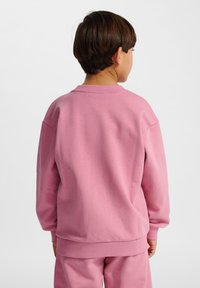 Roze sweatshirt gemaakt van zachte stof met lange mouwen, ribbelmansetten en -zoom. Eenvoudig ontwerp, geen zichtbare patronen of accenten.