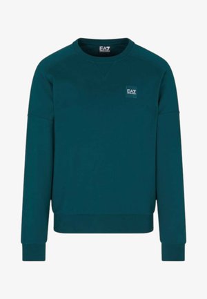 Felpa girocollo a maniche lunghe color verde acqua con piccolo patch logo quadrato sul petto a sinistra e polsini e orlo a costine.