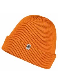 Orange knit beanie with a ribbed texture and folded cuff. Features a small branded tag on the side for identification.