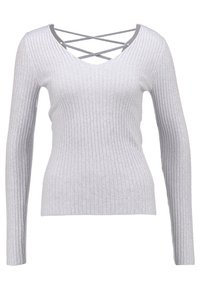 Haut gris à manches longues côtelé avec un col en V et des bretelles croisées au niveau du décolleté. Confectionné dans un tissu doux avec une silhouette ajustée.