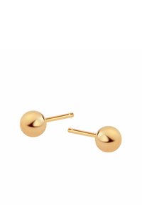 Złote kolczyki metalowe o gładkim, zaokrąglonym kształcie. Każdy kolczyk ma krótki styk dla pewnego noszenia, prezentując błyszczącą powierzchnię.