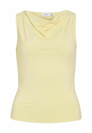 Blouse sans manches jaune pâle avec un col bénitier drapé, taille ajustée et tissu lisse de la marque Vila.