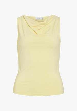 Blouse sans manches jaune pâle avec un col bénitier drapé, taille ajustée et tissu lisse de la marque Vila.