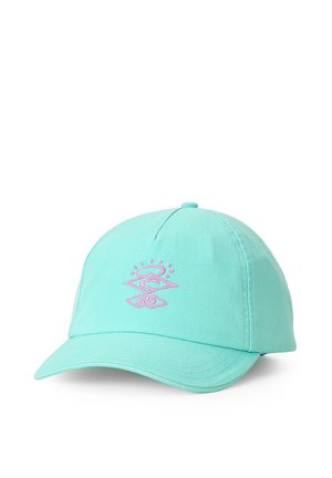 Gorra de béisbol color turquesa claro con diseño abstracto de sol y ola bordado en rosa en el frente, visera curva y botón de tela en la parte superior.