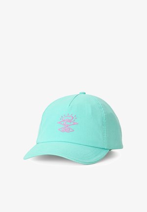 Gorra de béisbol color turquesa claro con diseño abstracto de sol y ola bordado en rosa en el frente, visera curva y botón de tela en la parte superior.