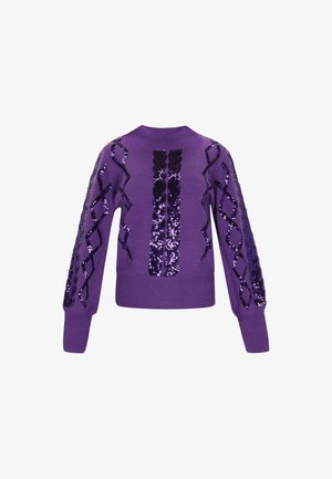 Lila Strickpullover mit Paillettenmustern entlang der Ärmel und in der Mitte, mit gerippten Bündchen und Saum, die eine strukturierte Optik verleihen.