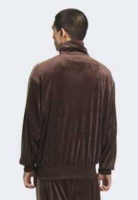 Brown velour track jacket with a high collar, elastic cuffs, and hem. Features contrasting side stripes. Smooth texture and relaxed fit.