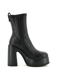 Czarne botki za kostkę z teksturowaną skórzaną cholewką, bocznym zamkiem błyskawicznym i masywnym platformowym obcasem. Posiadają okrągły czubek i detale szwów.