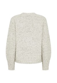 Lichtgrijs gemêleerd gebreid trui met lange mouwen en een ronde halslijn, weergegeven vanaf de achterkant op een witte achtergrond.