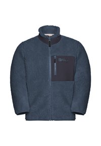 Veste en polaire bleu marine avec fermeture éclair frontale intégrale, col haut et poche poitrine zippée avec le logo Jack Wolfskin.