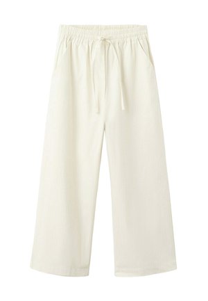 Løse, vidde bukser i cremefarve med elastisk talje og snøre, der har sidelommer.