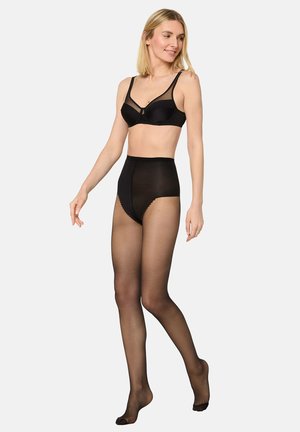 Sort bh med mesh-detaljer og justerbare stropper, kombineret med højtaljede gennemsigtige sorte strømpebukser med bølgede kanter. Glat tekstur.