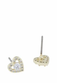 Hjärformade örhängen i guldton med en central klar sten omgiven av mindre stenar, med en silverfärgad stift och baksida.