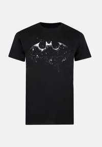 Black cotton t-shirt featuring a white, starry Batman logo design on the front. Classic crew neck and short sleeves.