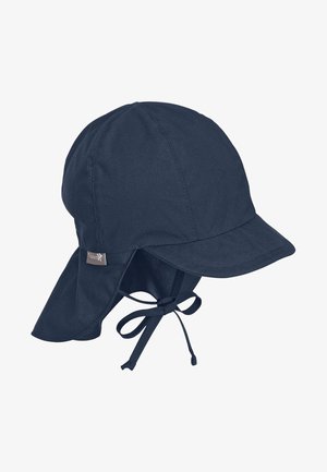 Dunkelblaues Baumwoll-Cap mit breiter Krempe, Nackenklappe und verstellbaren Bändern. Mit einem kleinen Markenetikett an der Seite. Weicher Griff.