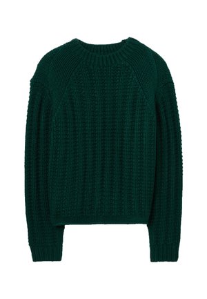 Suéter de punto acanalado verde con cuello redondo, mangas largas y un corte relajado. Los detalles texturizados a lo largo añaden interés visual.