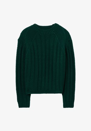 Suéter de punto acanalado verde con cuello redondo, mangas largas y un corte relajado. Los detalles texturizados a lo largo añaden interés visual.