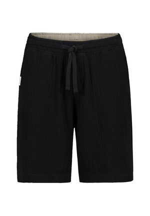 Black knee-length shorts with textured fabric, elastic waistband, and front drawstring tie.