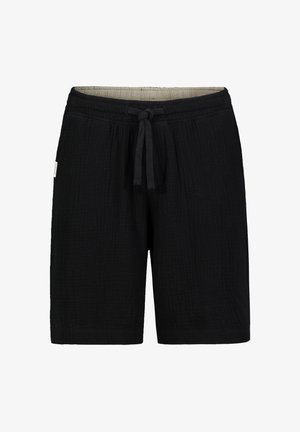 Black knee-length shorts with textured fabric, elastic waistband, and front drawstring tie.