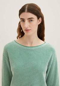 Grüner gemusterter Strickpullover mit rundem Ausschnitt und gerippten Bündchen. Leichte Textur, weicher Stoff mit einem kontrastierenden hellgrünen Saum.