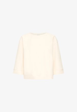 Crèmekleurige sweatshirt met lange mouwen, ronde hals, een losse, boxy pasvorm en lichtgezette schouders.