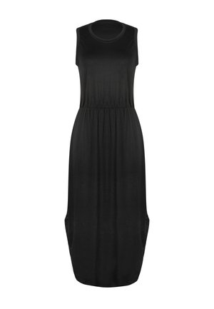 Abito nero senza maniche realizzato in tessuto morbido, con vita elastica, scollatura rotonda e tasche laterali, caratterizzato da una silhouette rilassata e fluida.