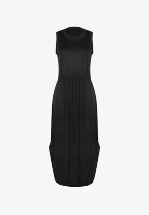 Zwarte mouwloze jurk van zacht materiaal, met een elastische taille, ronde halslijn en zijzakken, met een ontspannen, vloeiende silhouet.