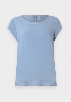 Svetlo modrý dámsky top s krátkymi rukávmi, okrúhlym výstrihom a zipsom na chrbte. Hladká látka s jemnou textúrou a voľným strihom.