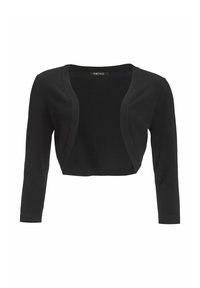 Cárdigan negro corto con mangas tres cuartos, tejido suave, diseño de frente abierto y textura lisa. Etiqueta de marca "SWING" visible.