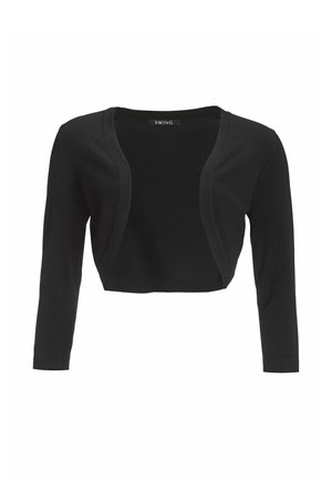Cardigan noir court avec des manches trois-quarts, en tissu doux, design à l'avant ouvert et texture lisse. Étiquette de marque "SWING" visible.