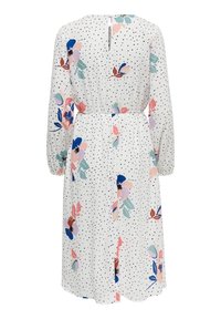 Valkoinen pitkähiha midi-mekko, jossa on mustia pilkkuja ja värikkäitä kukkakuosia. Mekossa on joustava vyötärö ja avainreikä-nappilukitus takana.