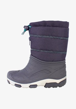 Bottes isolées bleu foncé avec des semelles en caoutchouc texturé, un bout arrondi et un système de fermeture à cordon. La tige présente des coutures vertes contrastantes.