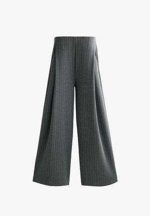 Wide-legged trousers in dark gray fabric with vertical pinstripes. Features a high waist and deep side pockets for practicality.