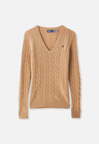 CABLE-KNIT WOOL-CASHMERE V-NECK JUMPER  - Pulover - camel melange