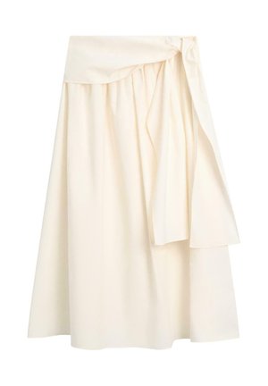 Midi-Rock in Creme mit Wickeldesign und asymmetrischem Binderdetail auf der rechten Seite, aus weichem Stoff gefertigt.