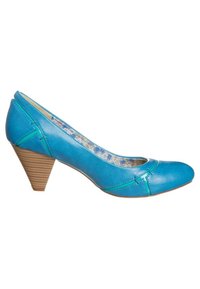 Chaussures à talons hauts en cuir bleu avec un bout pointu, présentant un dessus texturé et un talon conique en bois. Semelle intérieure à motif floral.