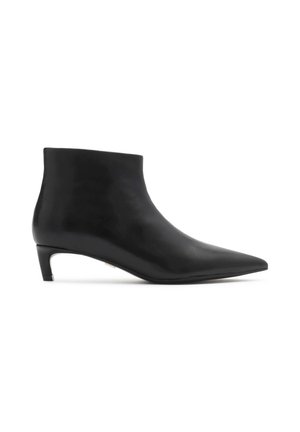 Black leather ankle boot with pointed toe and low kitten heel shown from the side on a white background.