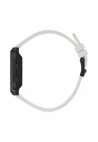 Juoda ir balta ausinė su moderniu dizainu ir reguliuojama juosta, turinti valdymo mygtukus šone.