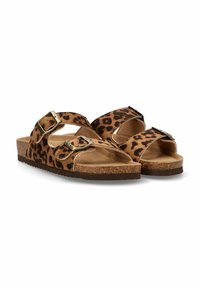 Sandalias deslizantes con estampado de leopardo, que cuentan con dos correas ajustables con hebillas metálicas, plantilla acolchada y una media suela de corcho natural.