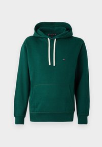 Dark green hoodie with white drawstrings, front pocket, and small embroidered logo on the chest.