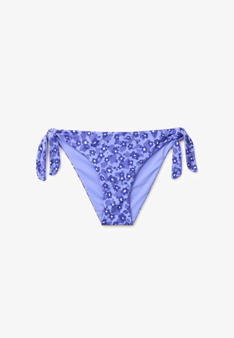 Lavendelfarbener Bikinihöschen mit dunkelviolettem Blumenmuster und verstellbaren Seitenschnüren, dargestellt auf weißem Hintergrund.