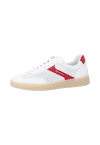 White sneaker with red side stripe, beige sole, mesh panels, lace-up front, and low-top design.