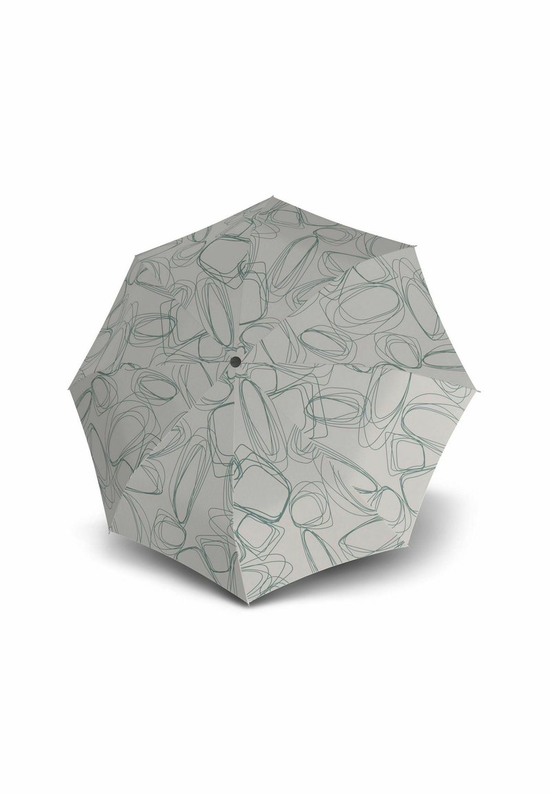 Ombrello compatto con una copertura grigia a motivi, caratterizzato da disegni astratti di linee verde chiaro e un pomello centrale nero per l'apertura.