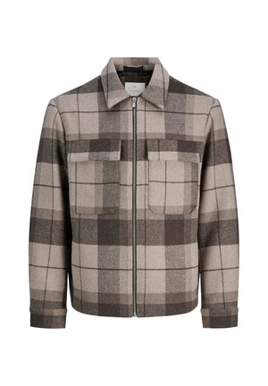 Beige and brown plaid jacket made of wool blend, featuring a front zip, two chest pockets, and a collared neckline with buttoned cuffs.