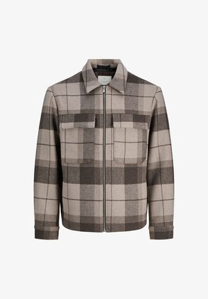 Beige and brown plaid jacket made of wool blend, featuring a front zip, two chest pockets, and a collared neckline with buttoned cuffs.