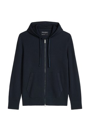 Sweat à capuche zippé côtelé bleu marine avec poches avant, capuche à cordon et détail de fermeture éclair argentée.