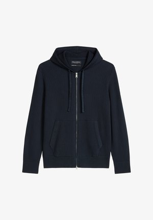 Sweat à capuche zippé côtelé bleu marine avec poches avant, capuche à cordon et détail de fermeture éclair argentée.