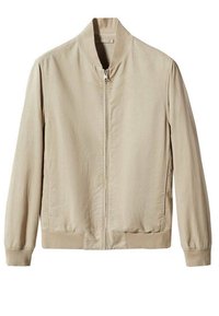 Giubbotto bomber beige con tessuto morbido, zip frontale, polsini e colletto a costine. Design leggero con una sottile trama e dettagli minimi.