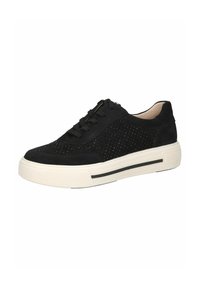 Sneaker nera in suede con dettagli perforati, punta rotonda e suola bianca imbottita con una striscia nera. Design con lacci e cuciture minime.